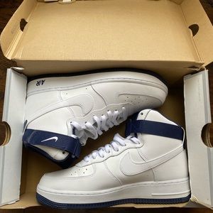 Nike white and navy blue air force’s high tops!